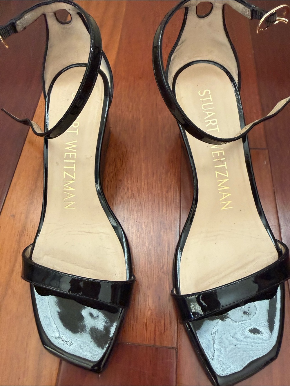 Stuart Weitzman Black Patent Ankle-Strap Wedges